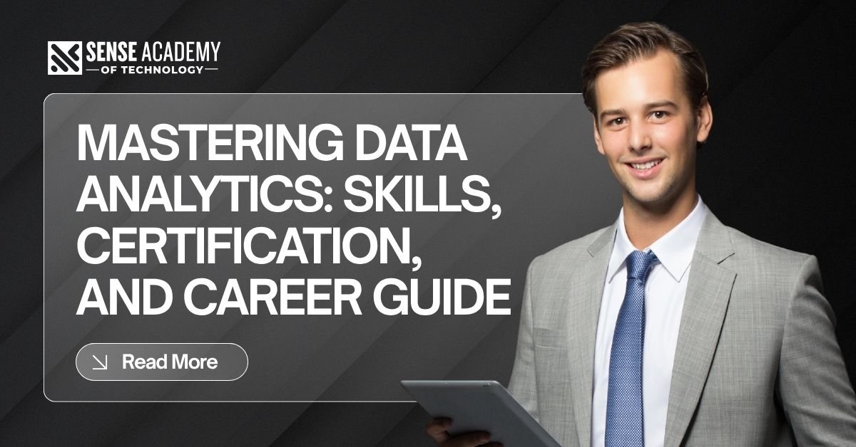 Sense Academy course details and a self-assured professional are shown in this promotional banner for learning data analytics.
