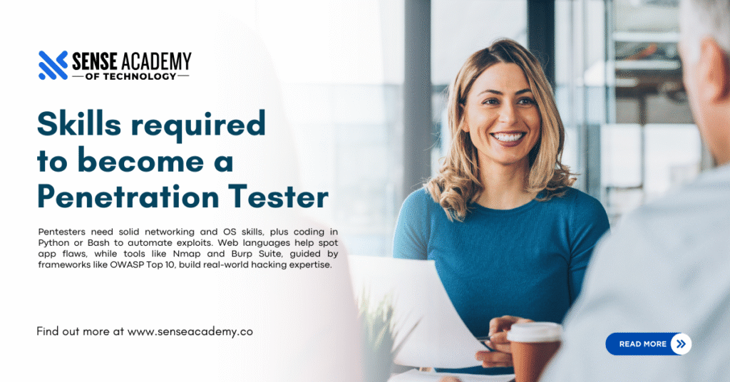 Picture of a lady showing "skills required to become a Penetration Tester"