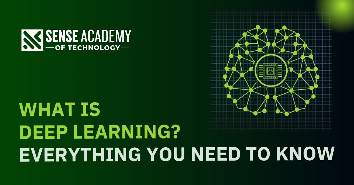 Deep learning concept with neural network illustration and Sense Academy of Technology branding