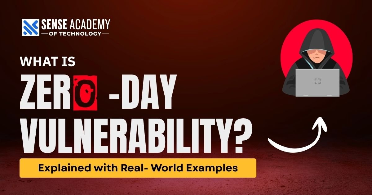 Zero-Day Vulnerability explained with real-world examples – Sense Academy of Technology cyber threat awareness graphic"