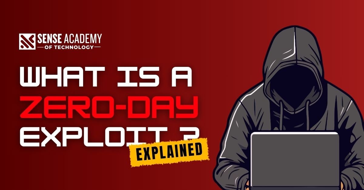 The Sense Academy of Technology's "What is a Zero-Day Exploit? Explained" is displayed beside an illustration of a cloaked hacker operating a laptop.