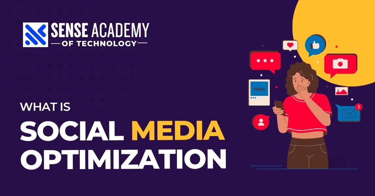 A person interacts with social media symbols in an illustration from Sense Academy of Technology that defines social media optimization (SMO).